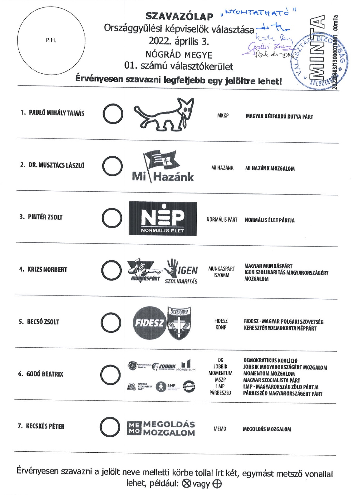 A kelet-nógrádi szavazólap mintája (Forrás: Nógrád megye 01. számú Országgyűlési Egyéni Választókerületi Választási Bizottság)
