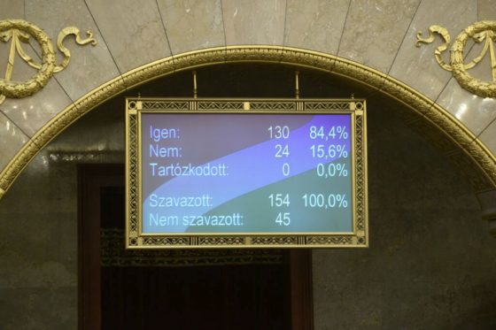 A békepárti határozati javaslatról szóló szavazás eredménye egy kijelzőn az Országgyűlés plenáris ülésén 2023. március 31-én. Az előterjesztést, amelyet az orosz-ukrán háború egyéves évfordulója kapcsán nyújtottak be a Fidesz és a KDNP képviselői, 130 igen és 24 nem szavazat mellett fogadták el (Fotó: MTI/Kovács Attila)