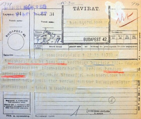 A Somoskőújfalu és Somoskő hazatérését visszaigazoló távirat 1924. február 15. estéjéről (Forrás: Páldi Károly | Facebook)