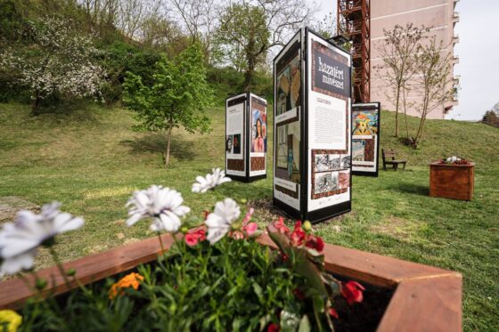 A Hazatért művészet című szabadtéri kiállítás a salgótarjáni Pécskő úton, az egykori Cigánydomb helyén 2024 áprilisában. (Fotó: Salgótarjáni Rendezvény- és Médiaközpont)