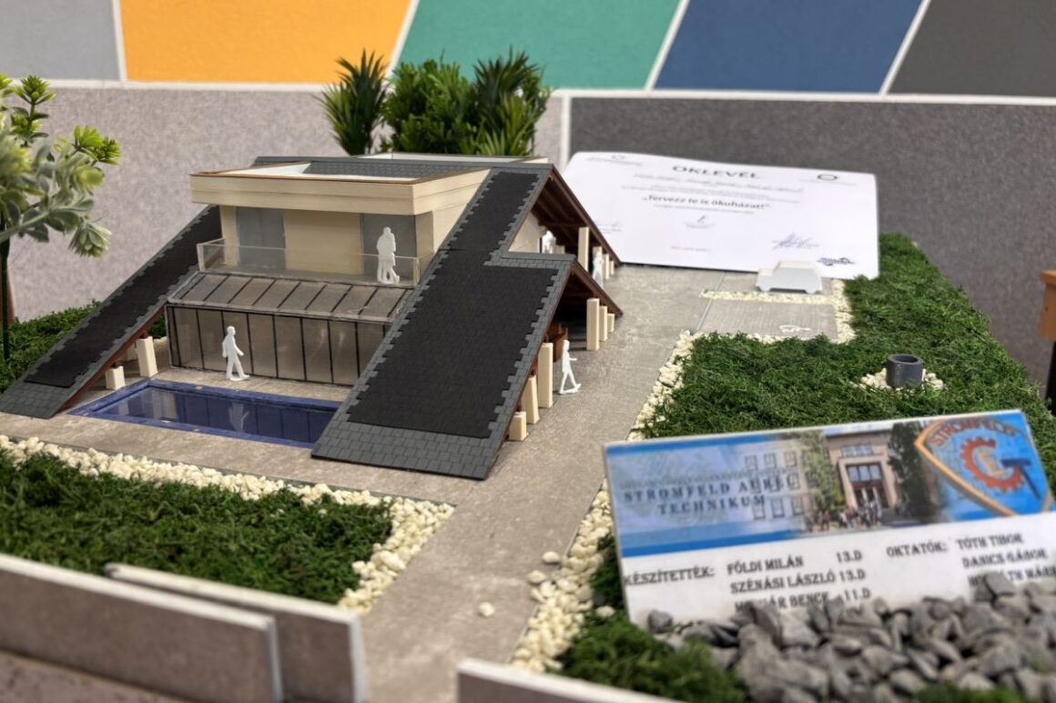 Az NVSZC Stromfeld Aurél Technikum csapata ökoházának makettje, mellyel aranyérmet szereztek a 2026-os Tervezz te is ökoházat! versenyen