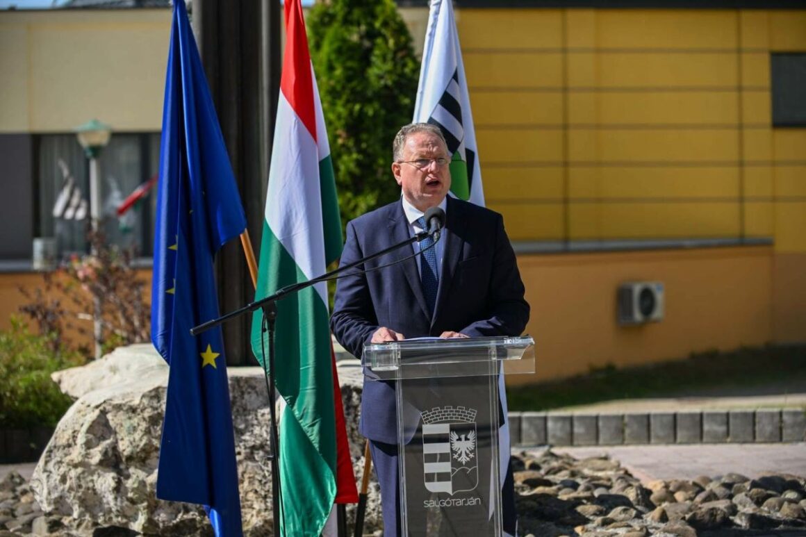 Skuczi Nándor, a vármegyei közgyűlés elnöke beszédet mond a városi ünnepségen, 2026. augusztus 20-án. (Fotó: Kreicsi Bálint | Facebook)