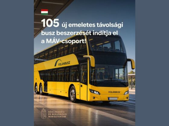 A Közlekedési és Beruházási Minisztérium mesterséges intelligenciával készített illusztrációja az új emeletes buszokról. (Forrás: Vitézy Dávid | Facebook)